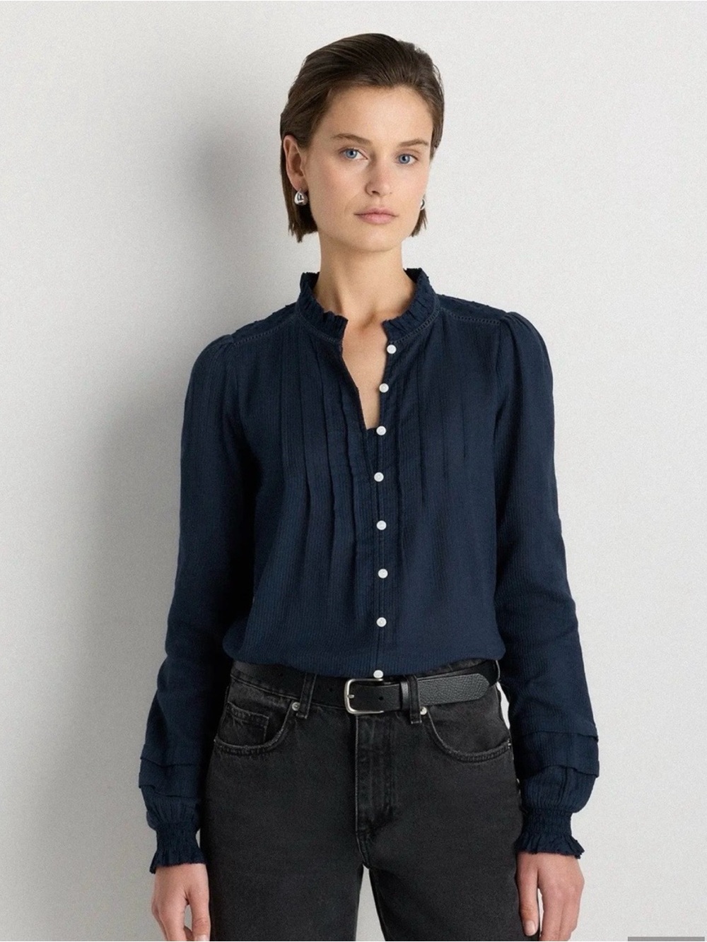 Quince Navy Pintuck Button-Front Blouse